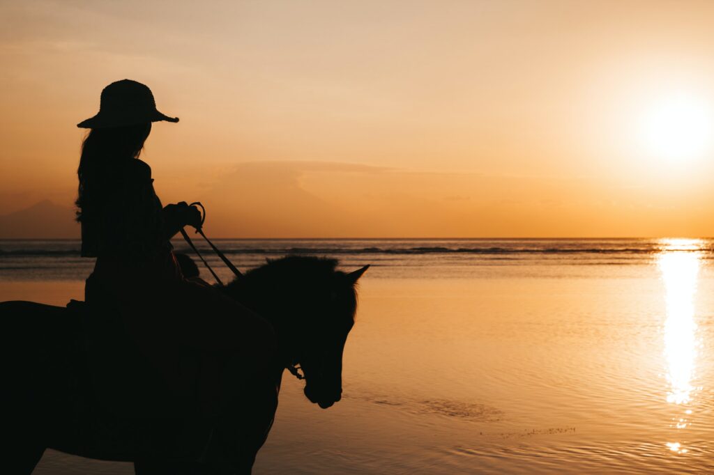 Silhouette of young woman riding on a horseback